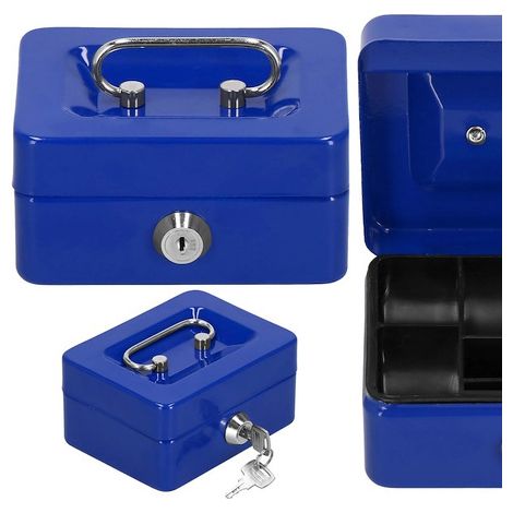 Cassetta per soldi in metallo 12,5x9,5x6,5 cm, cassaforte blu.