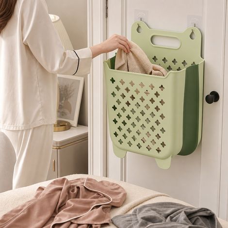 Grand panier à linge pliable vert, corbeille à linge sale murale et rétractable pour le rangement des vêtements sales (1/5)