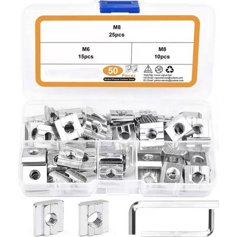 Sortimentsbox – Schrauben – 50-teiliges T-Muttern-Set, Profilmuttern aus Edelstahl 304, M6/M8 Gleitmuttern für mechanische Befestigungen (1/2)