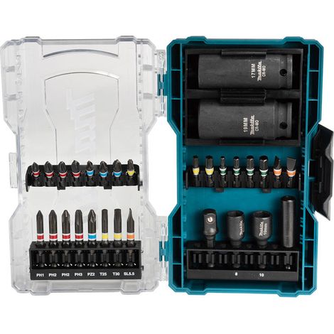 Makita E-07060 30 PC Black Colour Coded Drill Bit Set Pz Tx + 19mm + 17mm Socket (1/4)