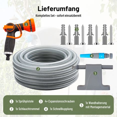 Enrouleur de tuyau d'arrosage automatique de 30 m, fixation murale, pistolet d'arrosage 9 en 1, résistant aux UV et au gel, pivotant à 180° – support mural et matériel de fixation inclus.