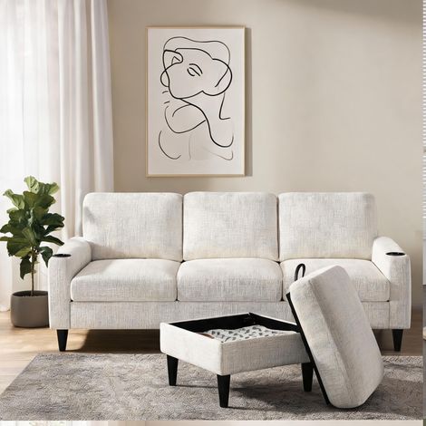 Sofa 4 places en tissu beige avec pouf 77,4 x 29,5 x 30,3 cm (1/5)