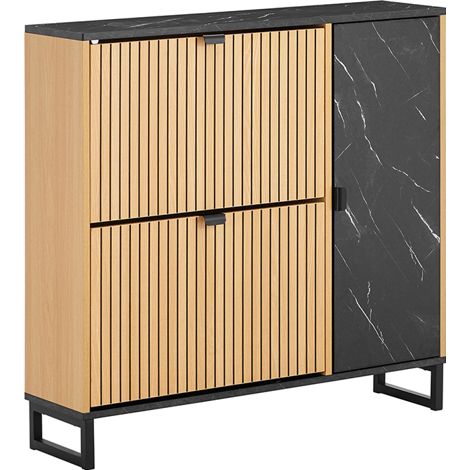 SoBuy Narrow Shoe Cabinet for Entryway – Shoe Cabinet with 2 Flip-Top Doors and Side Door, Shoe Storage Cabinet – Compact Nordic Design, Black Light Wood 90x24x88cm – FSR203-N