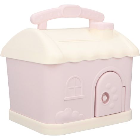 Tirelire en forme de maison rose, motif dessin animé, pour enfants. Développe les habitudes d'épargne. En plastique résistant. Tirelire pour billets et pièces. (1/5)