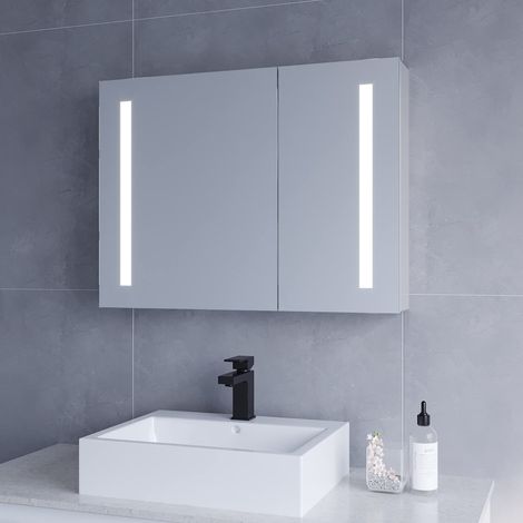 LED Bad Spiegelschrank mit Beleuchtung Spiegel Hängeschrank Badezimmerschrank  Badspiegel Beschlagfrei Glasspiegel Aluminiumrahmen Badschrank Kaltweiß 6400K 80x60 cm CANNES-Serie mit Steckdose (1/5)