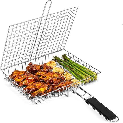 Coffret Panier Grillade Barbecue, Panier de Cuisson BBQ en Acier Inoxydable, Grand Pliable avec Poignée, Rack Portable Camping pour Poisson, Crevettes, Légumes, Gril Extérieur (1/5)