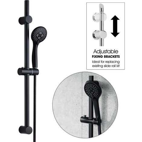 Matt Black Shower Riser Rail Kit Round Adjustable + 3 Mode Shower Head + Hose (1/3)