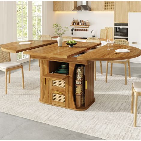 MODFU – Tavolo da pranzo allungabile 118-158 cm in MDF con cassetti decorativi in rattan, bordi arrotondati e carico 75 kg – Rovere (1/5)