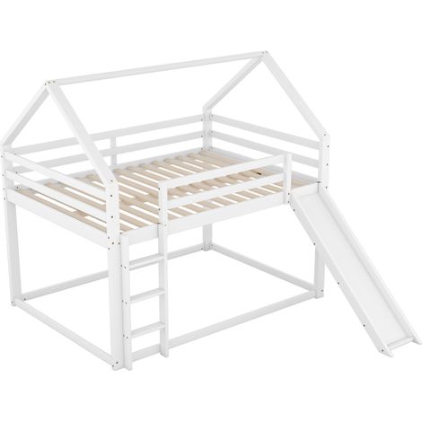 Cama litera infantil con tobogán y escalera, cama casita 140x200 cm, blanco, HOMVRA (1/5)