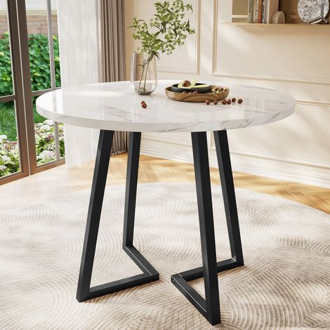 Runder Esstisch 80x80x75 cm Weiß aus MDF mit Marmoroptik und verstellbaren Füßen (1/5)
