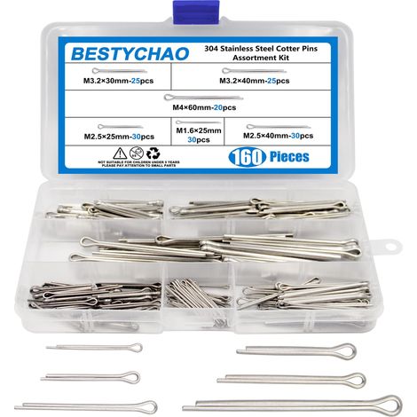 160pcs Kit d'assortiment de goupilles fendues, clé de goupille fendue en acier inoxydable raccord plus rapide U Sharp Type goupille fendue (1/5)