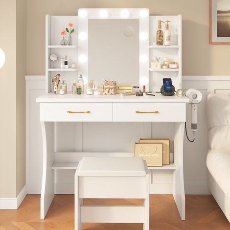 Coiffeuse avec 10 globes lumineux LED, 3 couleurs, coiffeuse avec prise et grand miroir, tabouret et support pour sèche-cheveux, coiffeuse à tiroirs multiples, blanc 85x40x140 cm