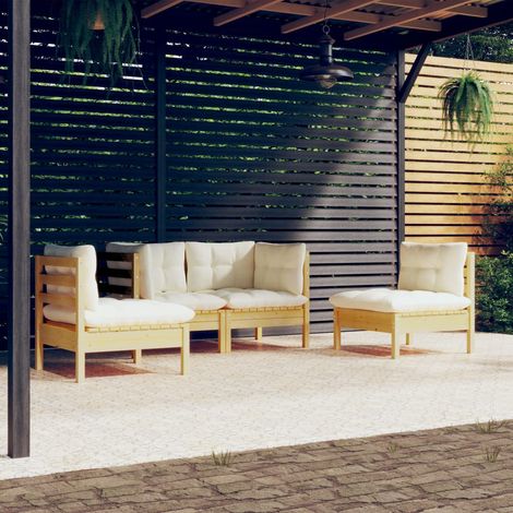 Salon de jardin 4 pcs,Mobilier de terrasse,Table et Chaise pour Relax avec coussins crème Bois de pin massif -YZ970058 (1/5)