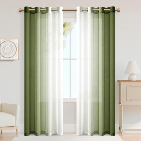 Rideau avec œillets - Transparent - Dégradé de couleur - Voile - Rideau ombré - Pour chambre à coucher et salon - 245 cm x 140 cm (H x l) - Vert armée (1/5)