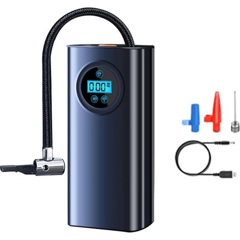 Compresseur électrique portable avec écran LCD, 3 adaptateurs de buse, pompe pour pneus de voiture, motos, vélos, ballons de basket et autres articles gonflables A611, noir (1/5)