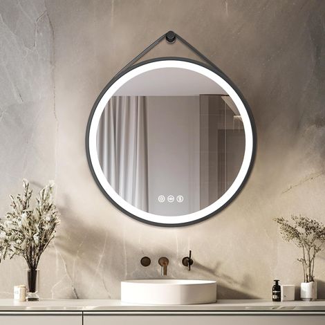 80cm Specchio Bagno Led Luce Rotondo con Cornice Alluminio Nero, Cinghia, Dimmerabile Luce, Antiappannamento, Interruttore Touch, Memoria