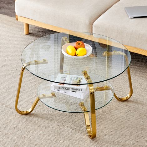 Table basse au style rétro minimaliste avec cadre en métal et double plateau en verre trempé, pour ajouter une touche d’élégance à votre salon (1/5)