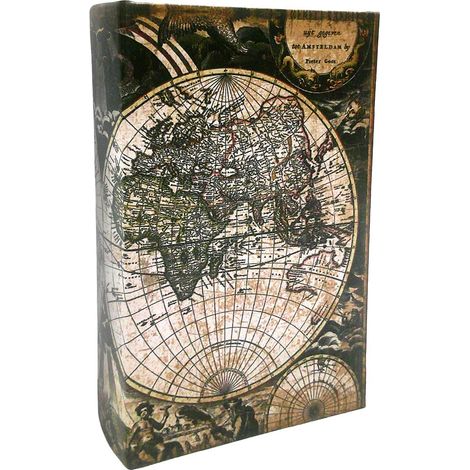 Buchtresor aus Holz mit alter Weltkarte und Schlüssel 21 cm (1/5)