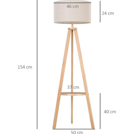 Dreibein-Stehlampe mit Naturholzrahmen, beigefarbenem Stoffschirm und integriertem Ablagefach, 50 x 50 x 154 cm