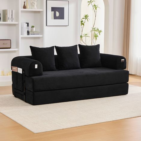 Modulares Cordsofa Schwarz mit Metallgestell, 3 Kissen und Seitentasche 200 x 94 cm (1/5)