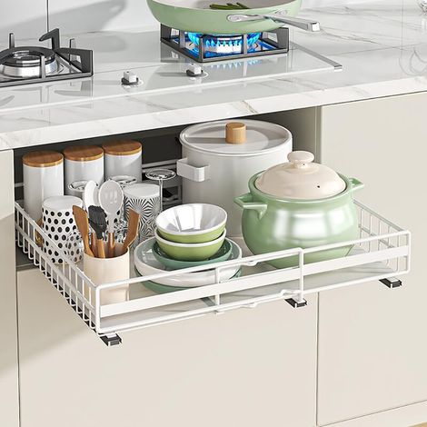 Tiroir Coulissant Extensible 31-49 cm , Panier Rangement 3 Rails Pour Armoire Cuisine - Sans Percer