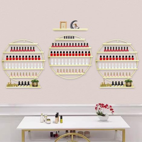 5 Tier Wall-Mounted Golden Nail Polish Display Rack Simple Round Floating Wall Mount Nail Polish Shelves with 3 Round Shelves and 3 Crossbars, Nail-Polish Display Racks for Nail-Salons, Home (1/5)