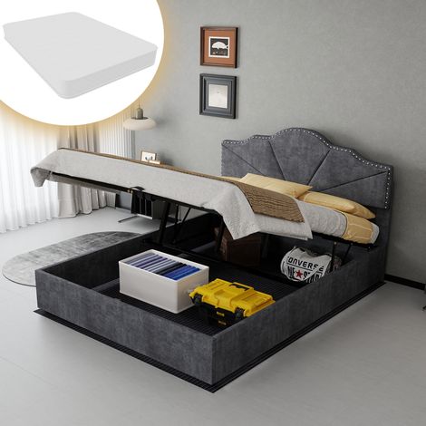 Lit moderne minimaliste et moelleux, tête de lit confortable et douce, 140200CM, gris, meuble de chambre multifonctionnel, lit coffre haut avec tige pneumatique, matelas 140200CM inclus. (1/5)