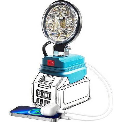 Lampe de travail LED sans fil Lampe de poche portable Spotlight pour 18V LXT Batterie avec port de charge USB-A pour Camping Emploice éclairage réparation d'urgence, camping (sans batterie) (1/5)