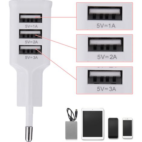 Chargeur mural universel sécurisé 100-220 V avec 3 ports USB pour téléphones et tablettes (prise européenne). (1/5)