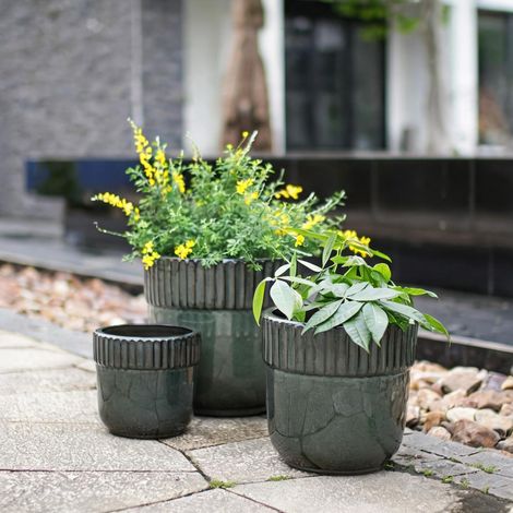 Lot de 3 pots de fleurs en céramique vert foncé diamètre 38 30,5 (1/5)