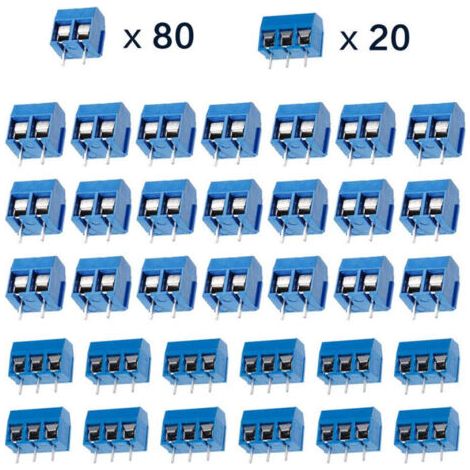 QORVA-100 Pièces PCB Vis Connecteur, Bornier à Souder Bleu 5mm, Bornier à Vis de PCB Circuit Imprimé 2 Broches (Pin) et 3 Broches (Pin) (1/5)