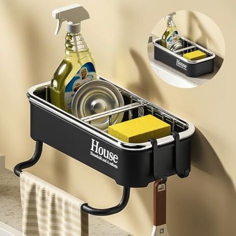 Porte-éponge d'évier, organiseur mural en acier inoxydable pour accessoires de cuisine (Noir)