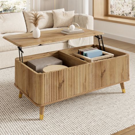 Table basse ovale relevable 97x52x56,5 cm, façade ondulée, grand rangement, pieds en bois, style rétro, MDF, effet bois naturel (1/5)