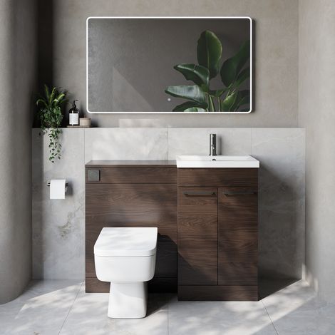 Napoli 390 Cento Brown Oak 1100mm 2 Door Vanity Unit Toilet Suite with Glide Basin - 1100mm - Gunmetal Grey 160mm HandleWith Kingston Toilet Pan and Seat