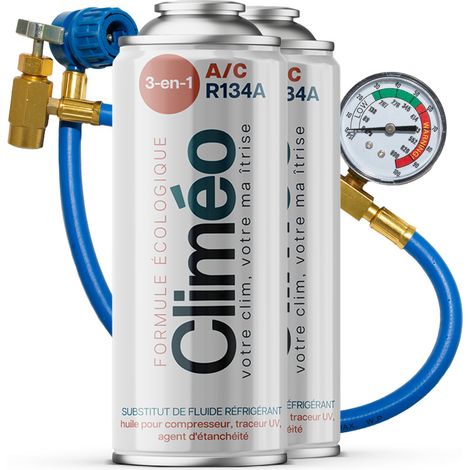 Climeo 3in1 2x400ml + tubo con manometro - Refrigerante ecologico + SEAL R134a/R12  Manutenzione aria condizionata indipendente (1/5)