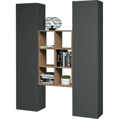 Parete Attrezzata Sospesa Soggiorno Antracite Rovere con Libreria (1/5)