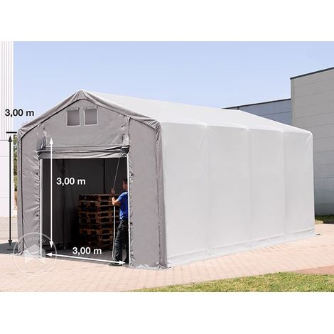 TOOLPORT Carpa almacén 4x8 m carpa industrial con 3m de altura lateral PRIMEtex PVC 2300 N ignifuga 100% impermeable gris con puerta levadiza (1/5)