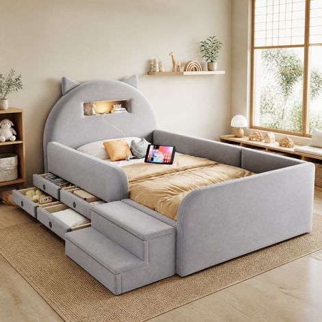 Lit simple enfant 90x200 cm en velours gris clair, rangement pour chambre, sans matelas FloraGrace (1/5)