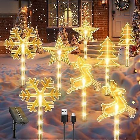 RECHOO Décorations de Noël extérieures, lot de 8 guirlandes lumineuses solaires pour allée avec 10 modes d'éclairage, rechargeables par USB (1200 mAh), étanches. (1/4)