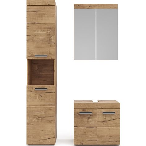 Conjunto de muebles de baño Luna, Roble Wotan, 3 partes, con armario alto, Vicco (1/5)