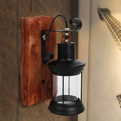 Lámpara de pared de madera, estilo retro, vintage, industrial, para jardín, E27, para exterior, sin bombilla.