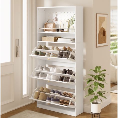 Schuhschrank 80/24/178,5 cm in Weiß mit 3 Klappen und Lochwand (1/5)
