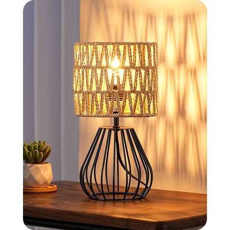 EDISHINE - Lampada da tavolo - Lampadina LED E14 inclusa - Paralume boho lavorato a mano - Base a gabbia in ferro