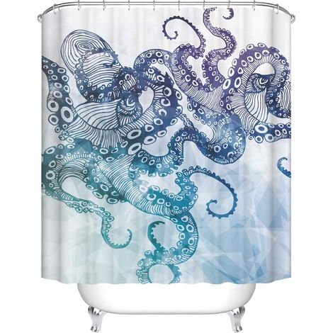 Rideau de Douche Tissu Lavable, Polyester Rideaux de Salle de Bain Facile à Nettoyer avec 12 Crochets Résistant à l'eau Anti-moisissure Décor À La Maison Accessoires (Poulpe,90x180cm) (1/5)