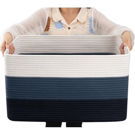 Schwarz-blauer Deckenkorb, dreiteilig, 48 x 28 x 23 cm, 1 rechteckiger Korb aus gewebtem Baumwollseil, Babyaufbewahrung mit Griff (1/5)