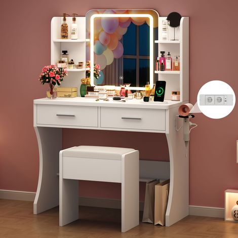 Coiffeuse avec Miroir LED et Tabouret, Luminosité Réglable, 3 Couleurs, Multiprise, 2 Tiroirs, 4 étagères, 80L X 40P X 130H cm, Blanc (1/5)