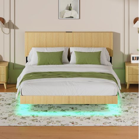 Letto moderno sospeso 180x200 cm in metallo e MDF, colore naturale, testiera con presa e LED RGB (1/5)