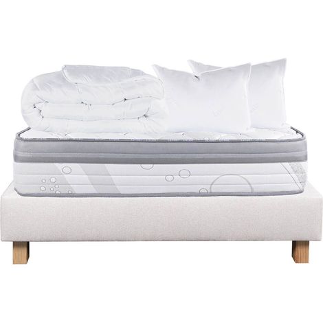 REINALD - Pack Matelas + Sommier Tapissier Beige 140x190 cm + 2 Oreillers + 1 Couette (1/5)