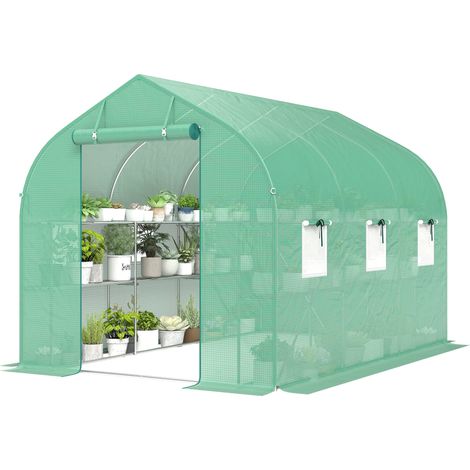 Serre tunnel de jardin 6m², serre de jardin avec étagères, porte et 6 fenêtres, cadre en acier galvanisé, vert