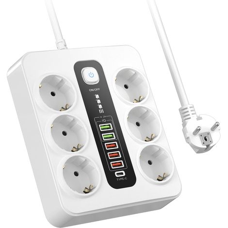 Multiprise 6 Prises avec 5 Ports USB A et 1 Ports Type-C, Prise de Courant avec Interrupteur, pour Maison et Bureau (Blanc) (1/5)
